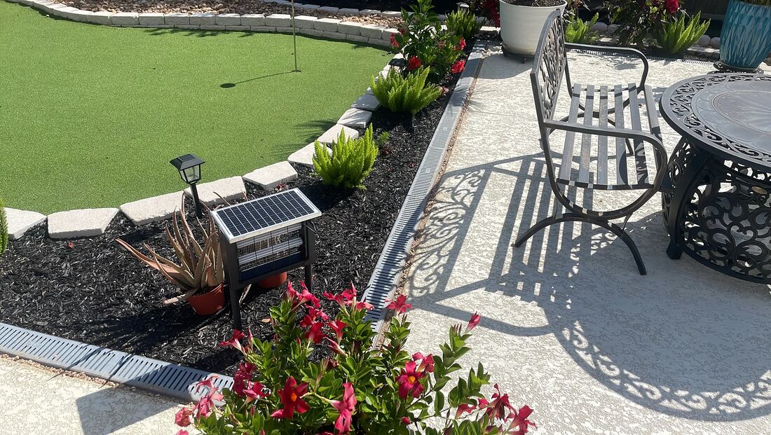 Artificial turf putting green with a planted hardscape surround