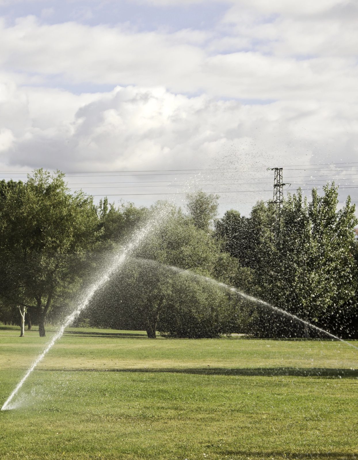 Rotor heads watering open turf on a large commercial property