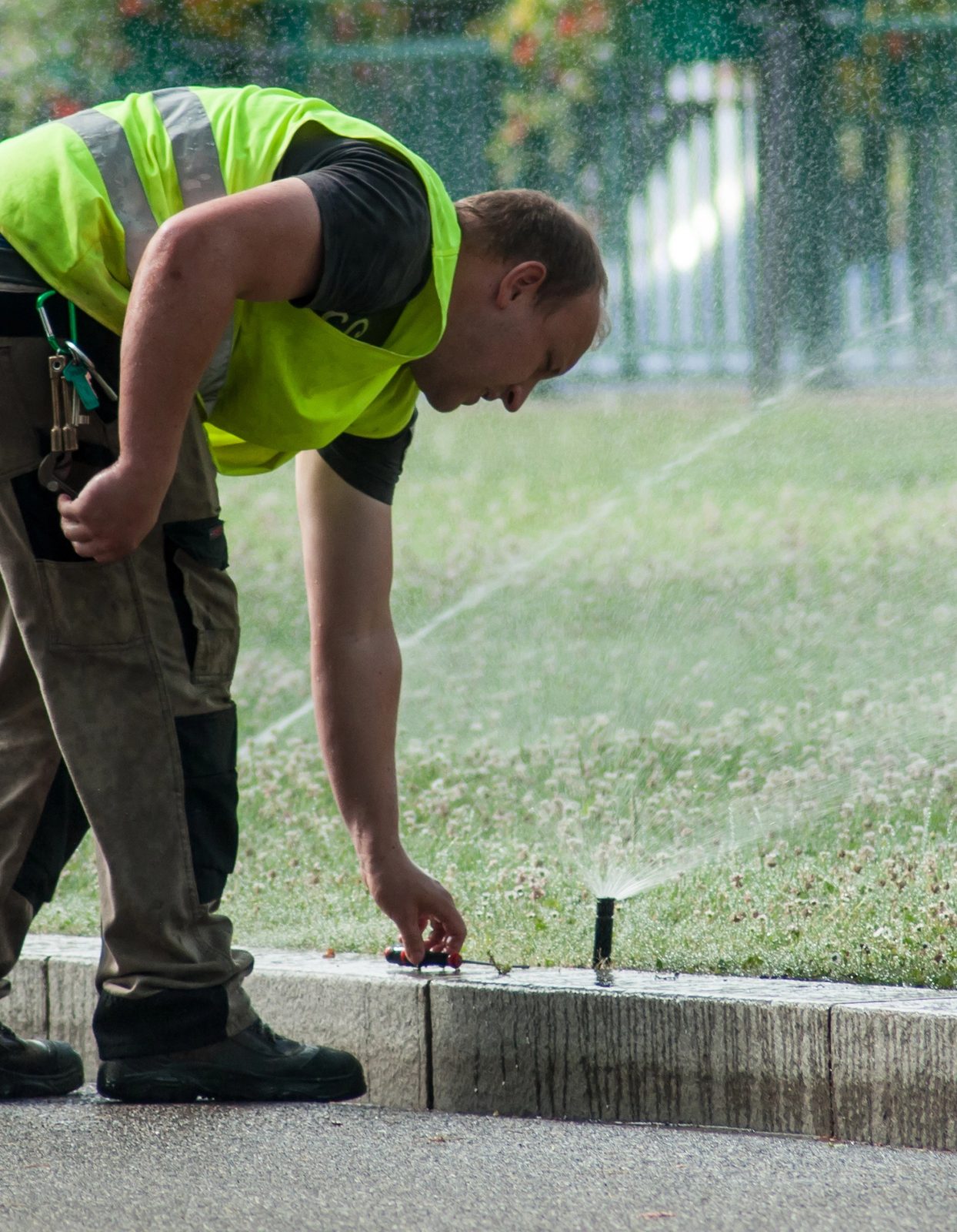 Technician adjusting a sprinkler head at the curb line
