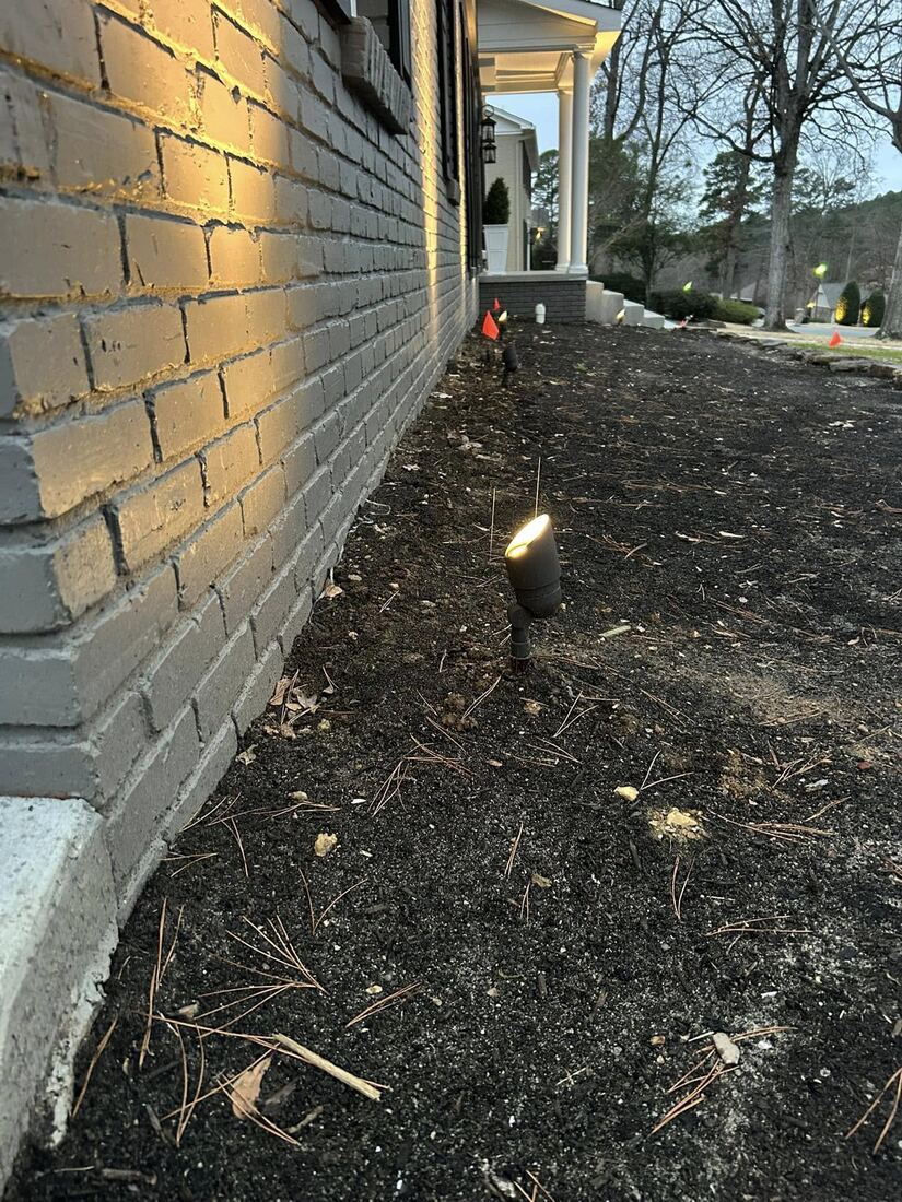 Landscape lighting fixture being serviced in a planting bed