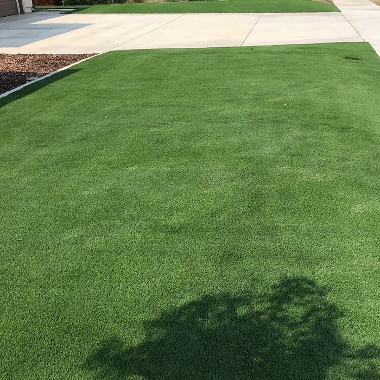 Artificial turf front lawn running clean to the driveway edge