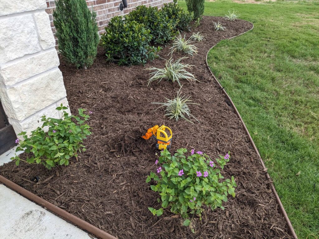 Freshly mulched landscape bed with crisp steel edging, new plantings and flowering annuals, kept weed free